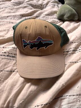 Patagonia Khaki and Green Trucker Hat with Multicolor Fish Patch